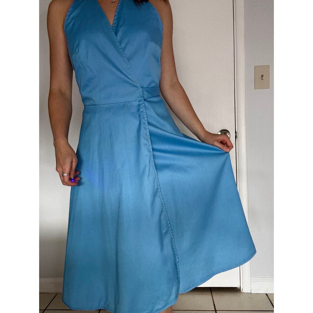 Vintage 1970s Wrap Dress Ellen Tracy Bonwit Teller Blue Cotton Fit & Flare - Picture 10 of 13